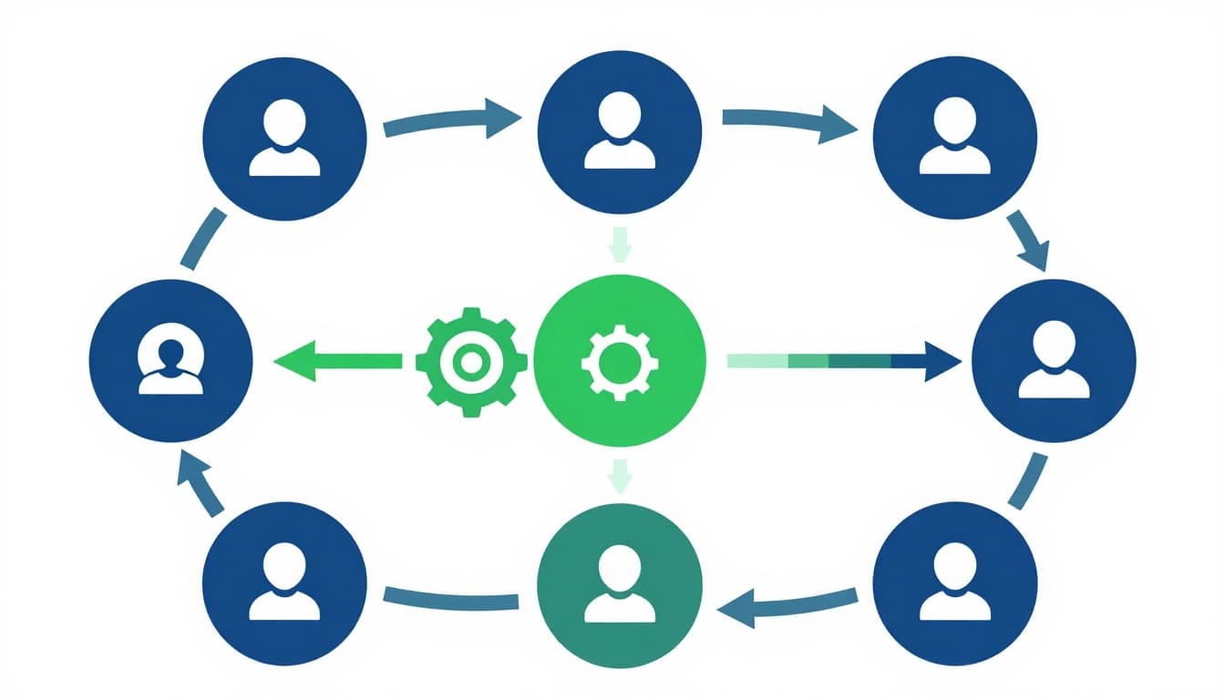 Modern illustration in blues and greens showing a circular feedback loop process in algorithms: user clicks input, processing gear, output recommendations, and feedback arrow, as a simple flowchart on white background.