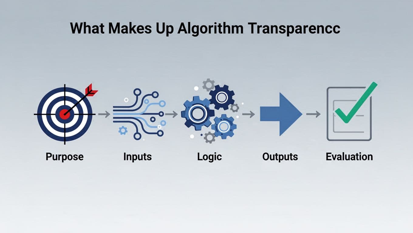 Modern illustration featuring five connected icons in blues and grays: bullseye for purpose, data streams for inputs, gears for logic, arrows for outputs, and checklist for evaluation, arranged as a flowchart on a gradient background.