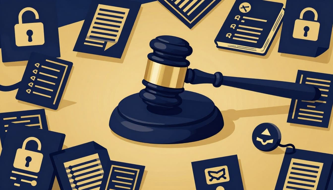 Modern navy and gold illustration of a gavel resting on stacked code documents with transparency icons like open locks and data flows on a courtroom table.
