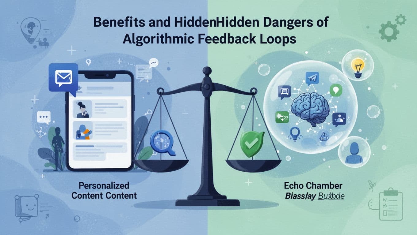 Modern illustration in blues and greens showing a balanced scale with personalized content benefits on one side and echo chamber dangers on the other, using abstract icons for engagement versus bias.