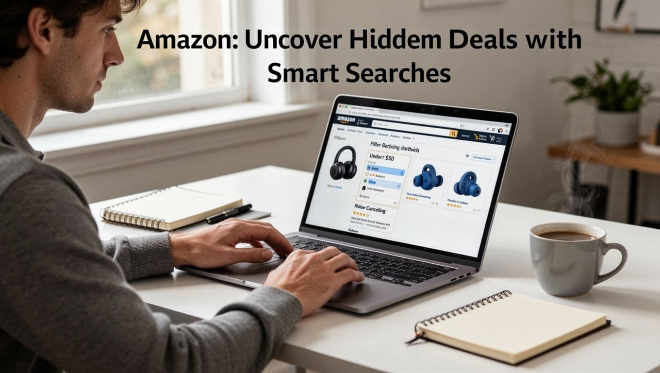 Person at home desk with laptop open to Amazon search for blue noise-canceling earbuds under $50 using filters, focused expression, natural daylight, clean modern setup.