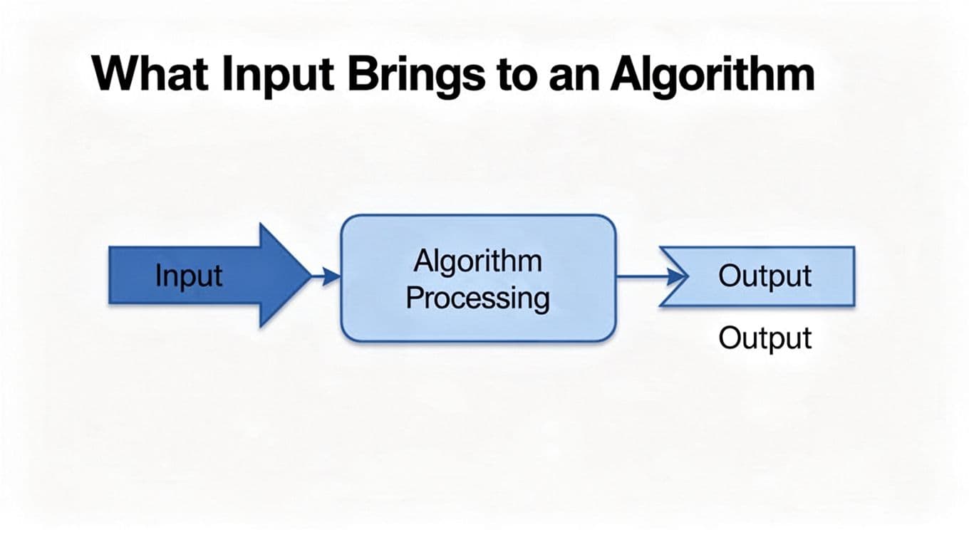 Simple flowchart diagram with an input arrow pointing into a central algorithm processing box and an output arrow extending outward. Modern illustration style using clean shapes in a blues and whites color palette, landscape aspect ratio, no text, labels, people, or extra elements.