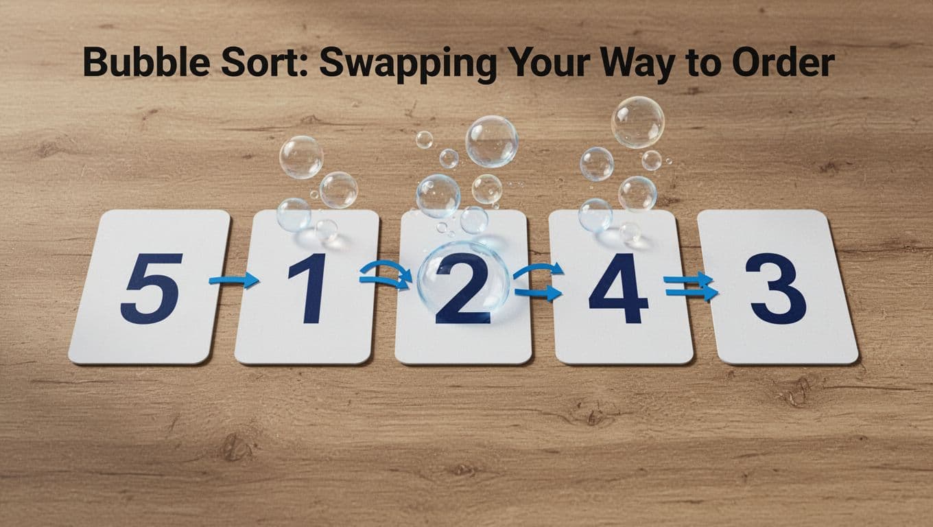 Illustration depicting the bubble sort algorithm with cards numbered 5, 1, 2, 4, 3 swapping adjacent pairs step by step to sorted order on a wooden table.