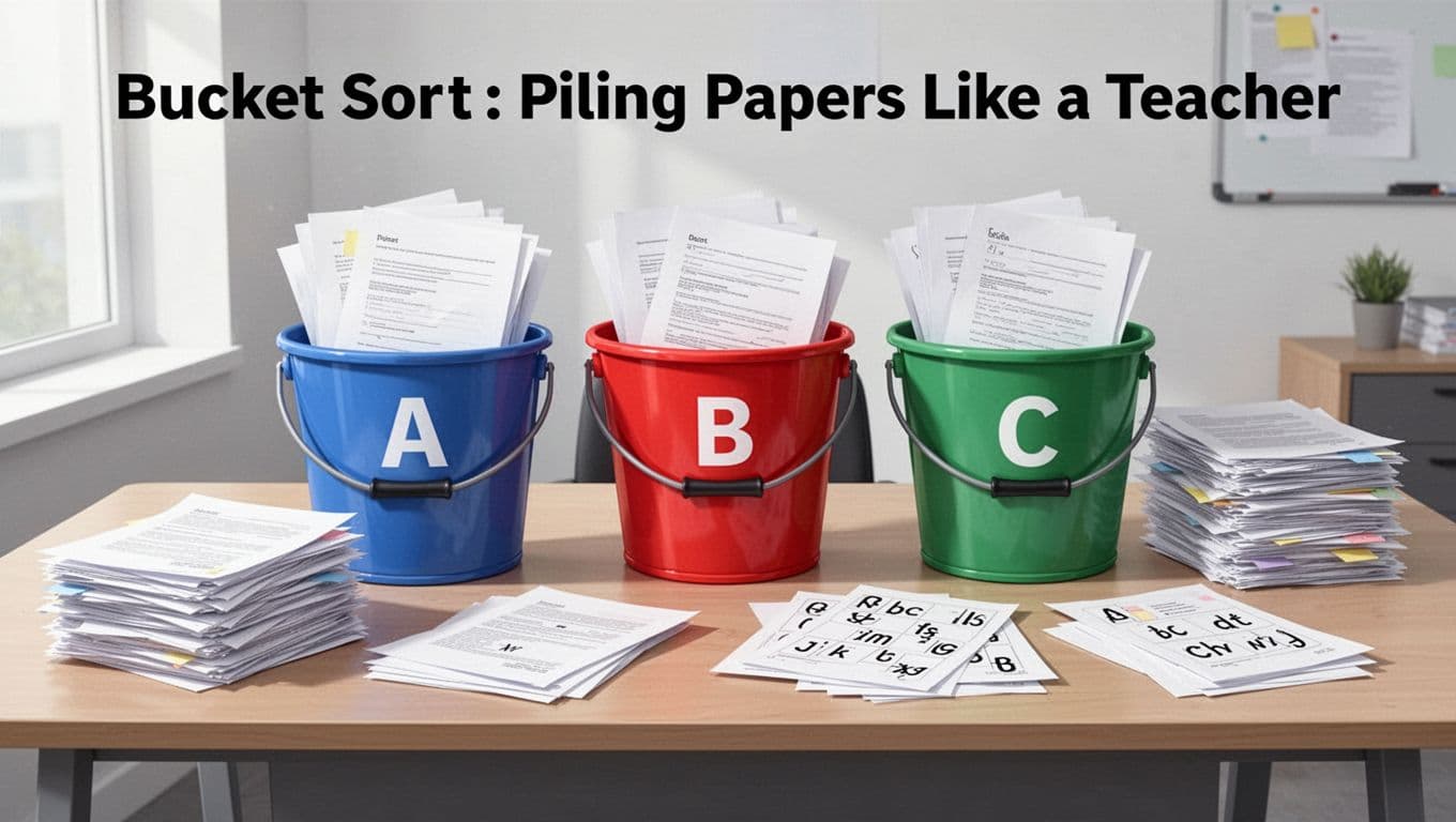 Modern illustration of bucket sort with papers piled into A, B, C buckets then sub-sorted alphabetically on a desk in an office setting with clean shapes and natural light.