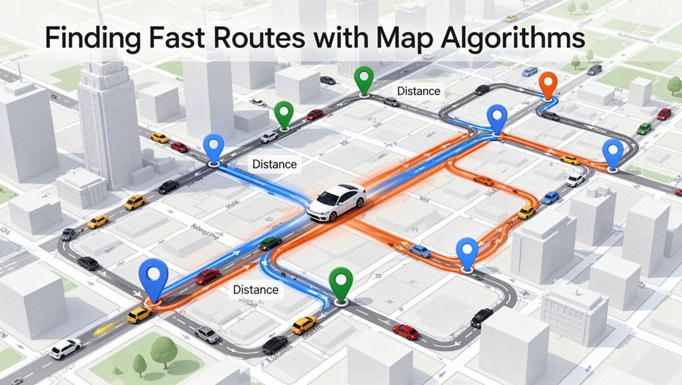 Modern illustration of a pathfinding algorithm finding the optimal route on a city streets graph, with weighted roads by traffic and distance, highlighted path, and car icon following it from an aerial daylight view.