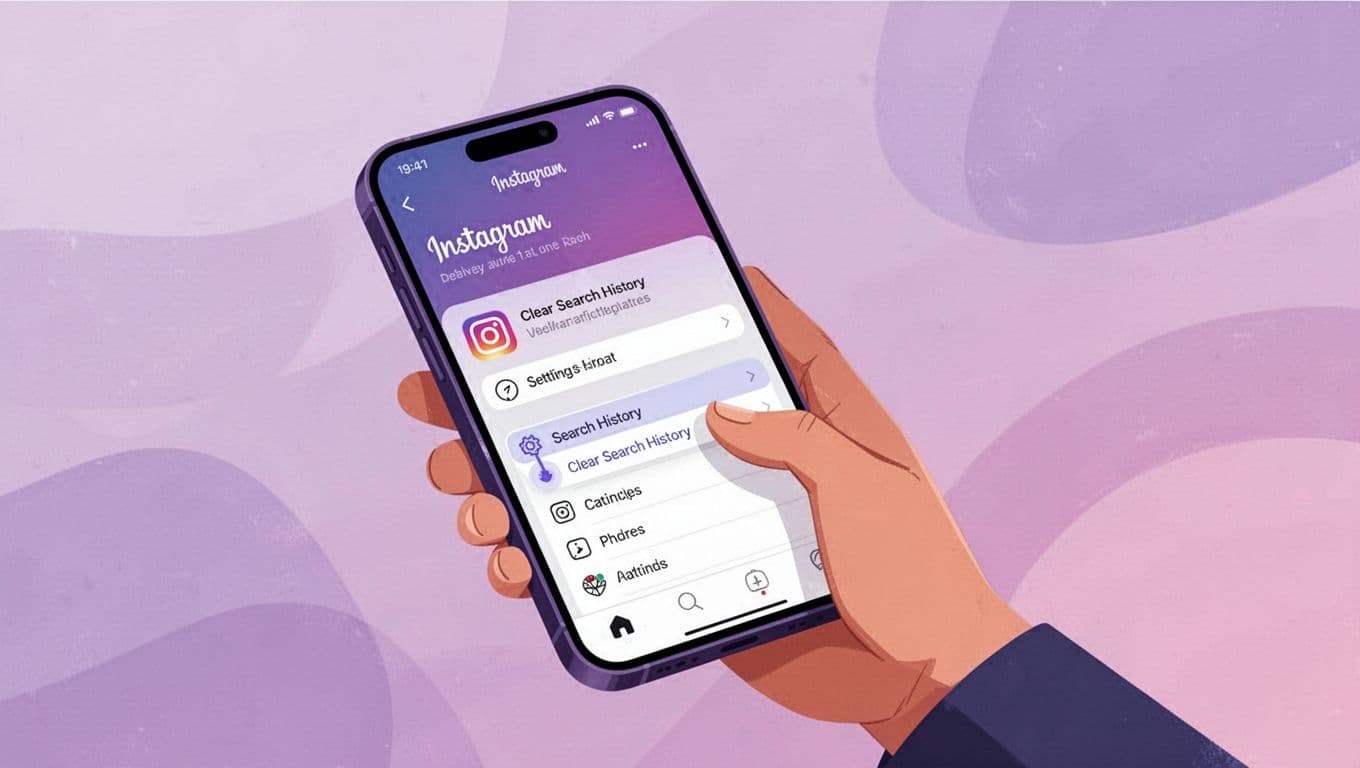 Modern illustration of a person holding a phone and clearing search history in Instagram settings, with clean shapes in purples and pinks.