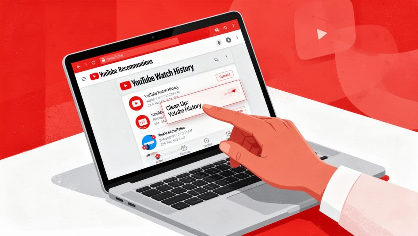 Modern illustration of a person clearing YouTube watch history on an angled phone or laptop screen using a hand gesture, featuring clean shapes in red and white colors.