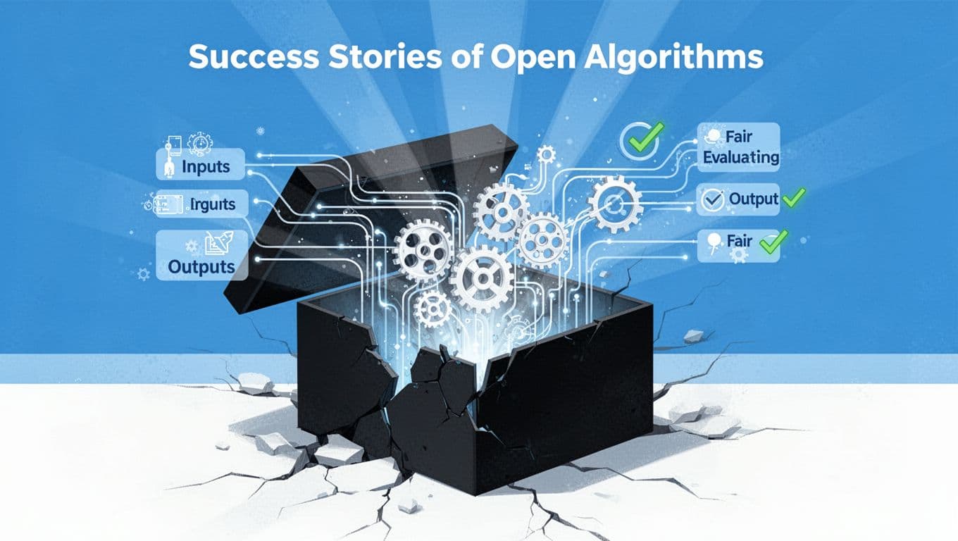 Modern illustration of a black box cracked open, exposing data inputs flowing through visible logic gears to fair outputs with checkmarks and emanating light rays, symbolizing AI transparency.