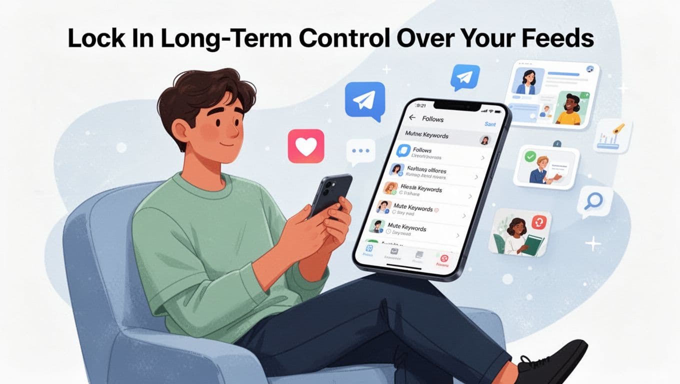 Modern illustration of a young adult sitting comfortably with a smartphone, adjusting app settings to curate follows and mute keywords, surrounded by floating icons of fresh content feeds, likes, shares, and diverse topics in soft blues, greens, and whites.