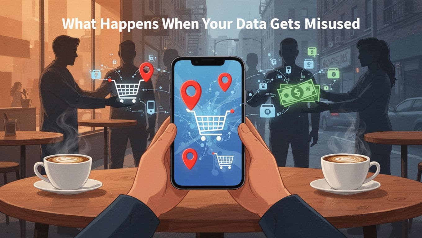 Modern illustration of a person's phone screen with location pins and shopping cart icons at a coffee shop table, shadowy figures exchanging data packets for money in the background, using warm orange and cool blue palette.