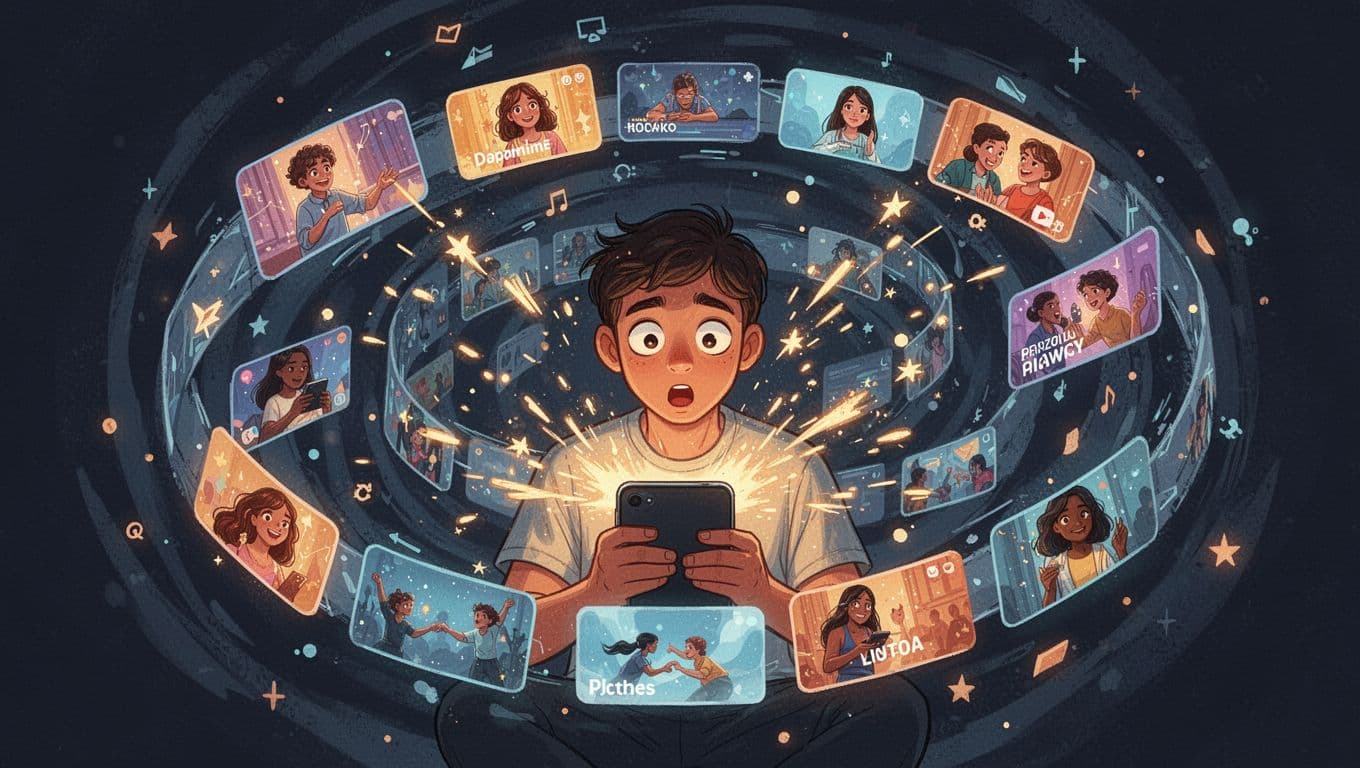 Modern illustration of a young adult trapped in an endless glowing phone feed loop, scrolling with wide eyes amid dopamine sparks from video thumbnails and swirling personalized content.