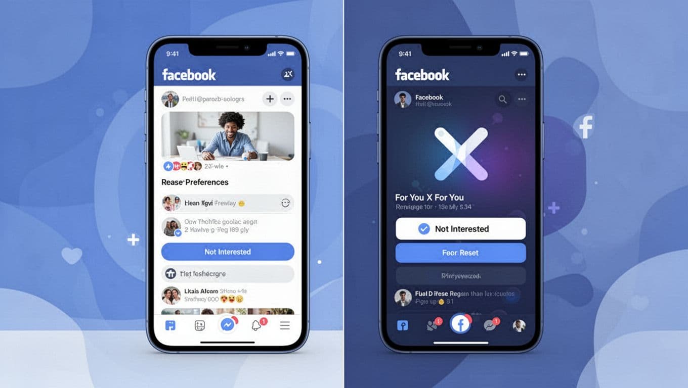 Modern illustration of a split phone screen showing Facebook feed preferences and X For You tab with not interested options, using clean shapes and controlled blues.