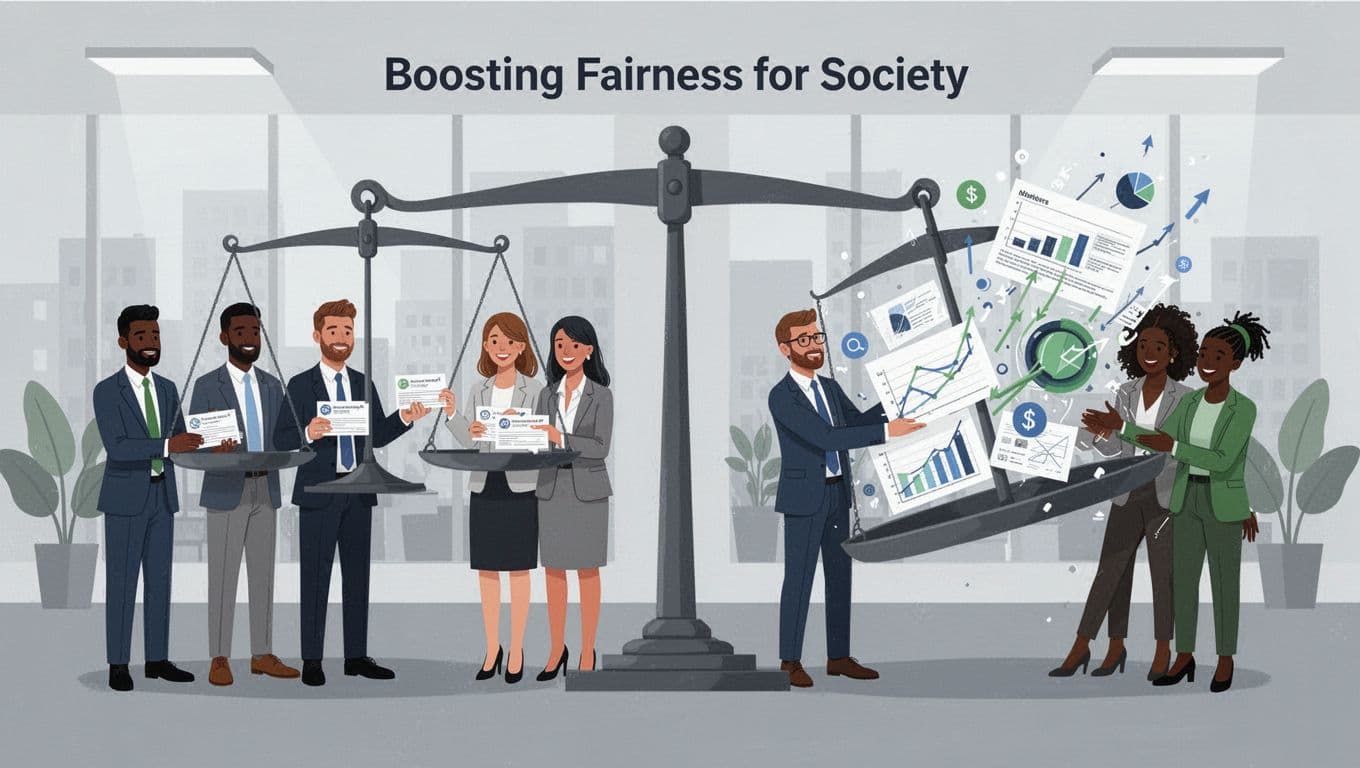 Modern illustration in blues, grays, and greens showing balanced scales: one side with diverse professionals receiving equal job offers, the other tipped by biased elements like skewed data blocking minorities, in a simple office background.