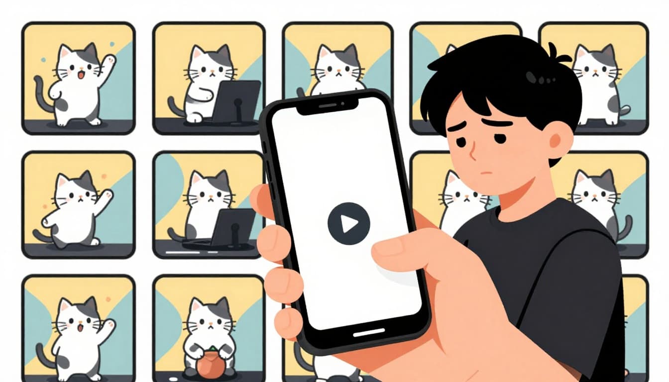 Modern illustration of a frustrated young adult holding a phone with endless repetitive dancing cat videos across screens, conveying algorithm feed frustration.
