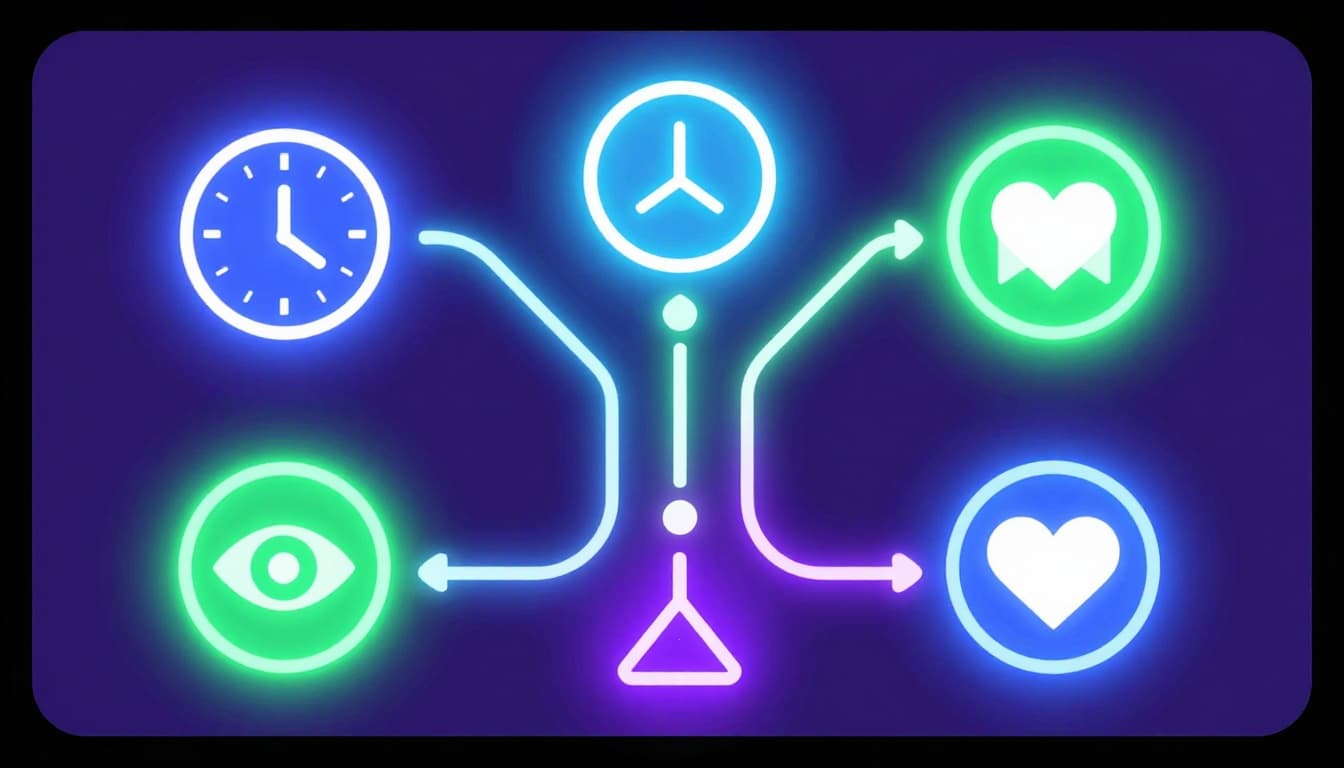 Glowing icons of clock, bookmark, eye, and small heart connected by energy lines to a rising arrow on a modern digital dashboard, symbolizing watch time, saves, profile visits, likes boosting feed recommendations.