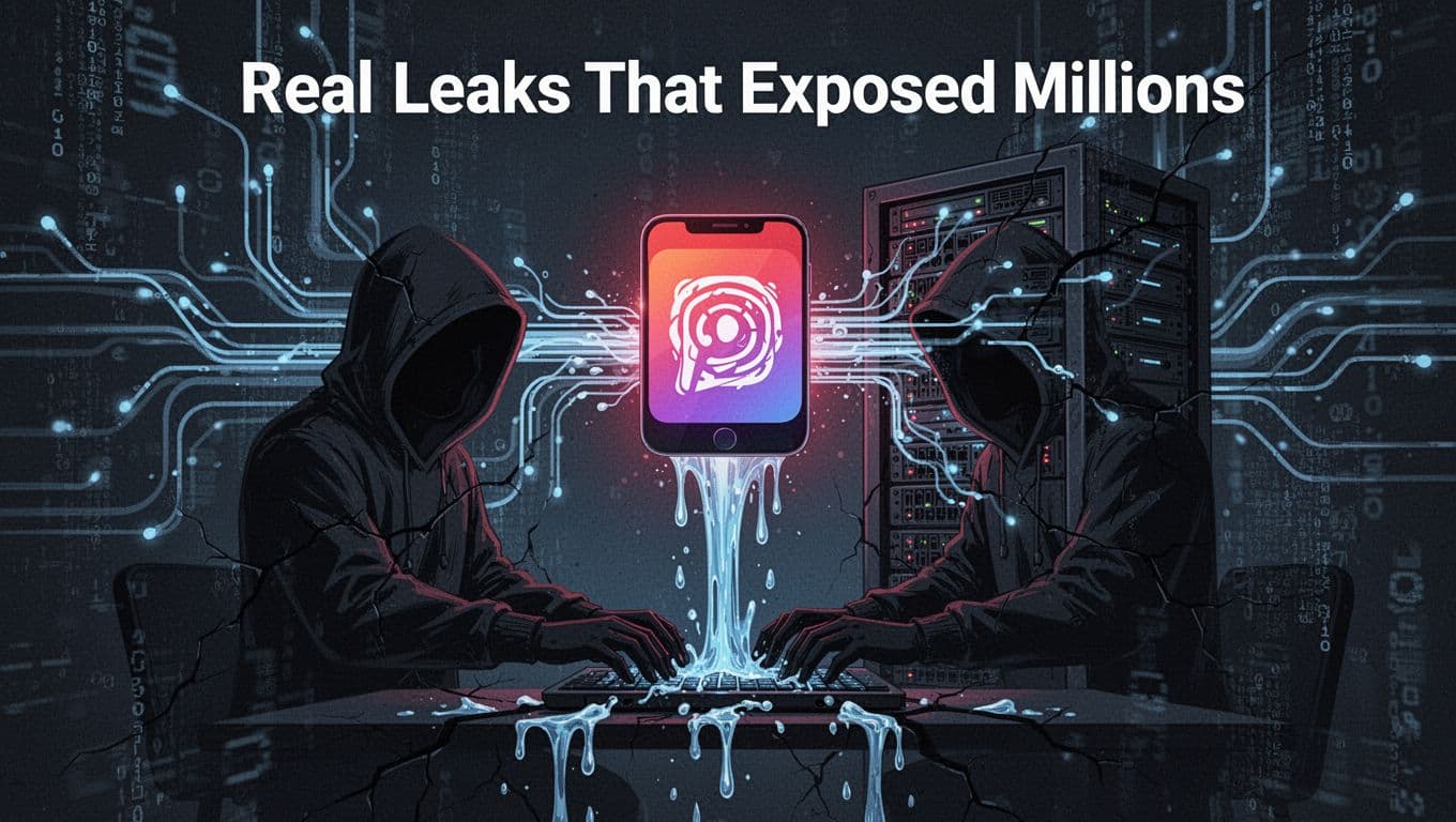 Modern illustration of a hacker silhouette accessing a glowing mobile app icon on a server, with data streams leaking like water from cracks on a dark digital background with blue data flows.