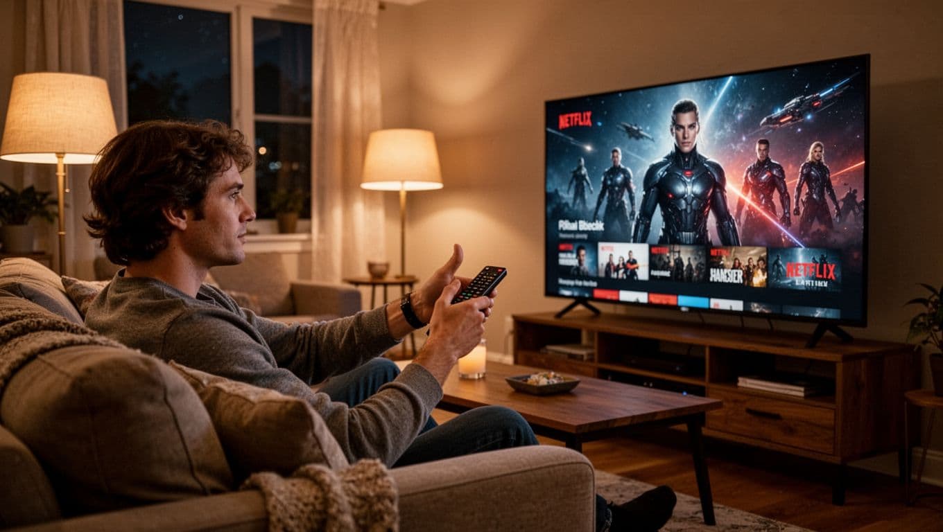 A person sits relaxed on a couch in a cozy living room at night, giving a thumbs up using a remote to a sci-fi show on a large angled TV screen, under warm lamp light.