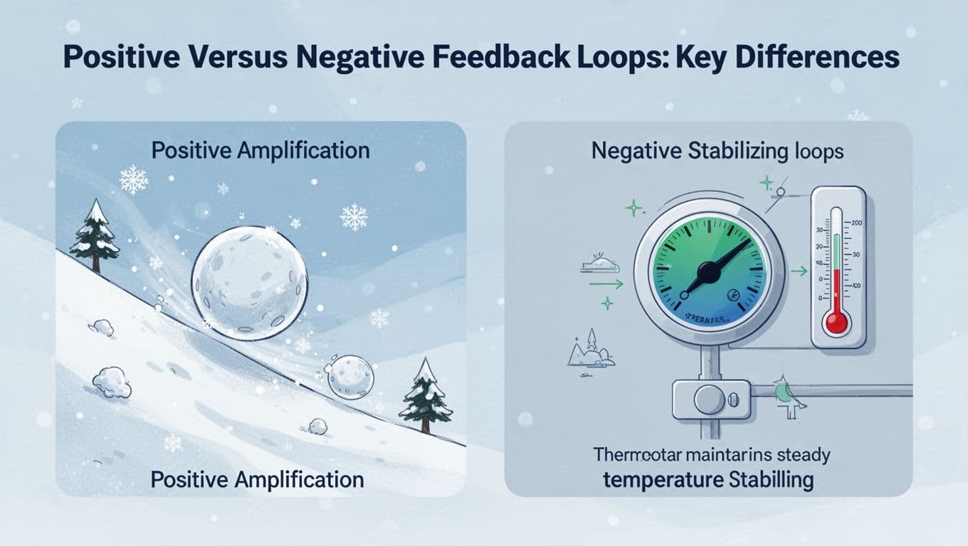 Modern illustration in blues and greens contrasting positive feedback (snowball growing downhill for amplification) with negative feedback (thermostat maintaining steady temperature for stability), using clean shapes, simple icons, and strong side-by-side composition.