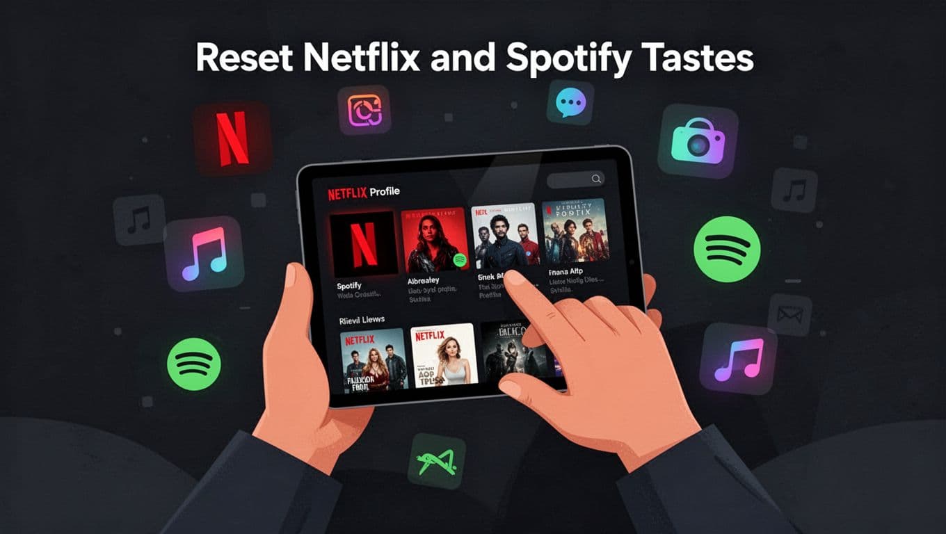 Modern illustration of a person creating a new Netflix profile or Spotify library on a tablet, surrounded by entertainment icons, featuring clean shapes, controlled dark colors with accents, and strong composition.
