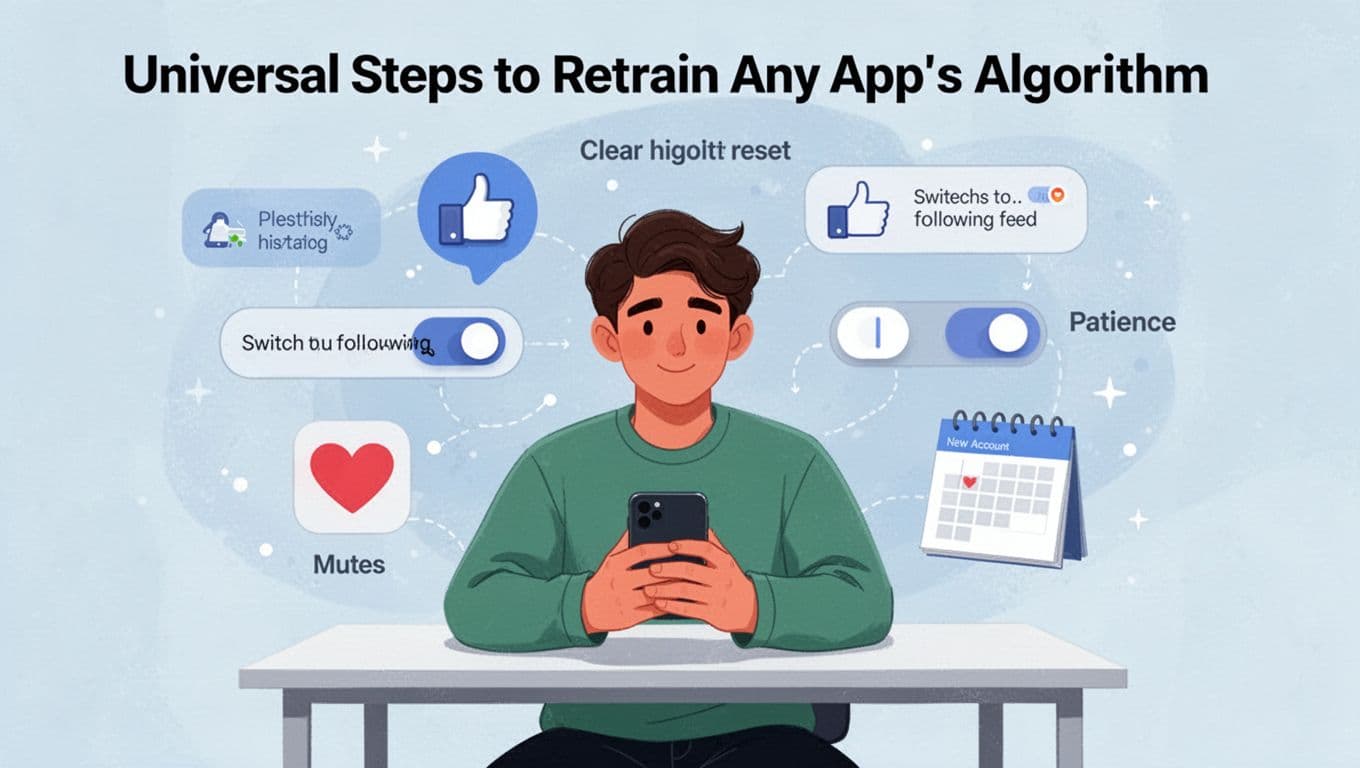 Modern illustration of a young adult at a desk holding a phone, surrounded by floating icons depicting algorithm reset steps like clearing history, muting, and starting fresh.