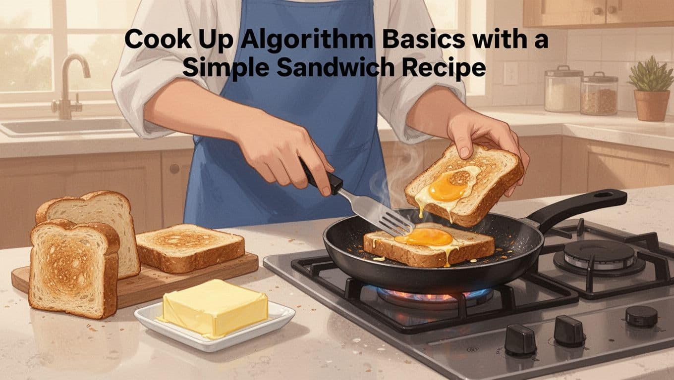 Modern illustration of one person making a grilled cheese sandwich on a kitchen counter, gathering bread, cheese, butter, and pan, then assembling and cooking with a flip. Clean shapes, controlled color palette, strong composition, and warm kitchen lighting; no text, logos, or watermarks.