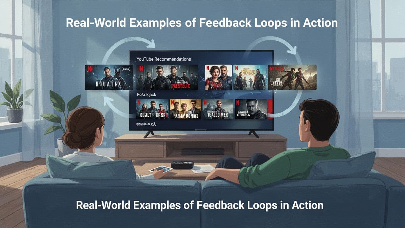 Modern illustration in blues and greens showing a person on a couch in a cozy living room watching TV with popping recommendation suggestions and subtle loop arrows representing streaming service feedback.
