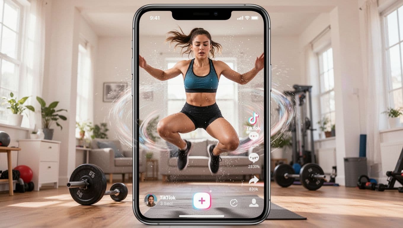 Close-up smartphone screen capturing the first 3 seconds of a high-energy TikTok fitness reel with a young athletic woman mid-jump in a vibrant home gym, featuring sweat, motion blur, and sharp action focus.