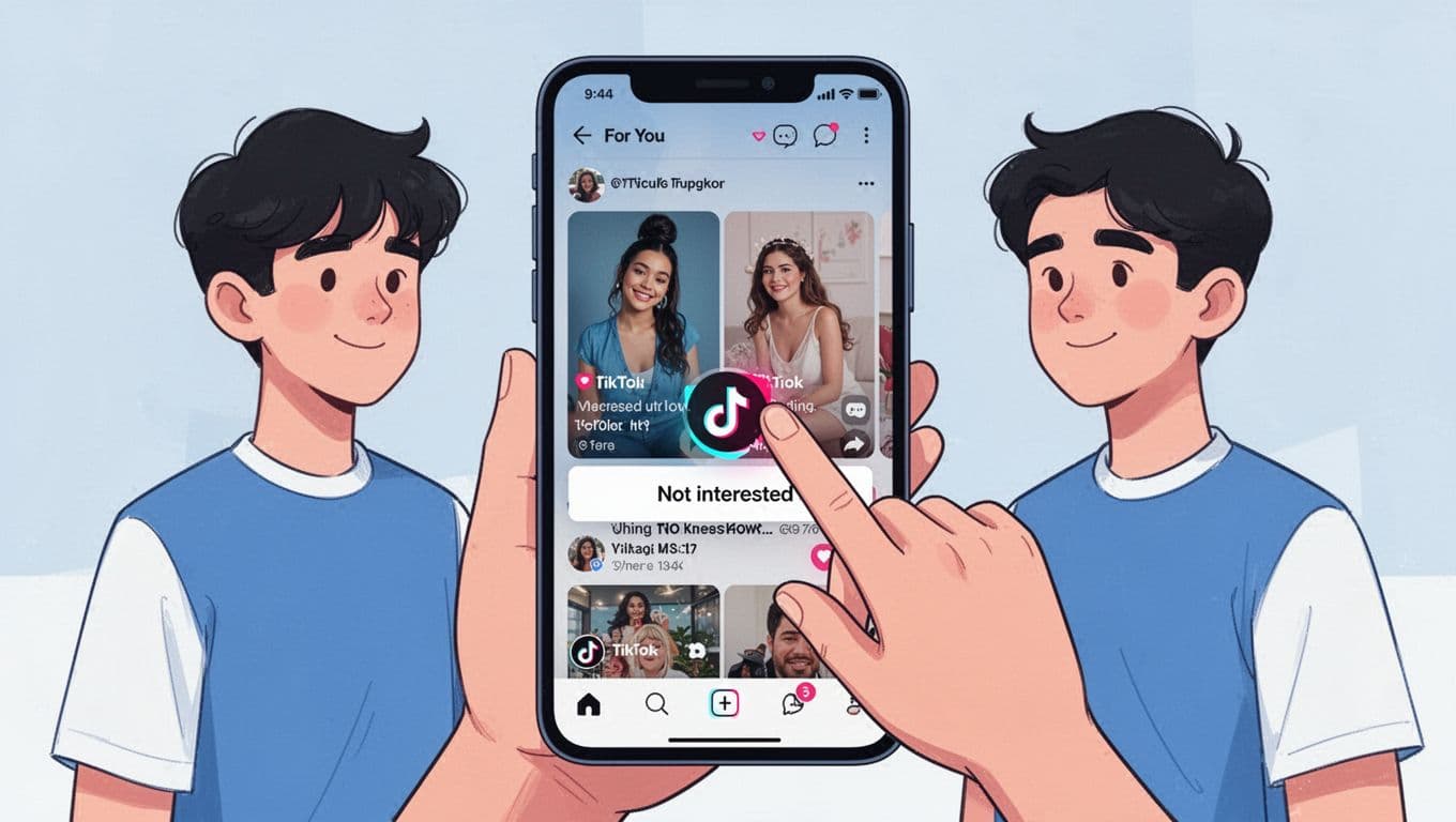 Modern illustration of a young person tapping the share icon on a TikTok video to select 'Not interested' on the For You Page, featuring clean shapes, blues and whites, focused on hand and option.