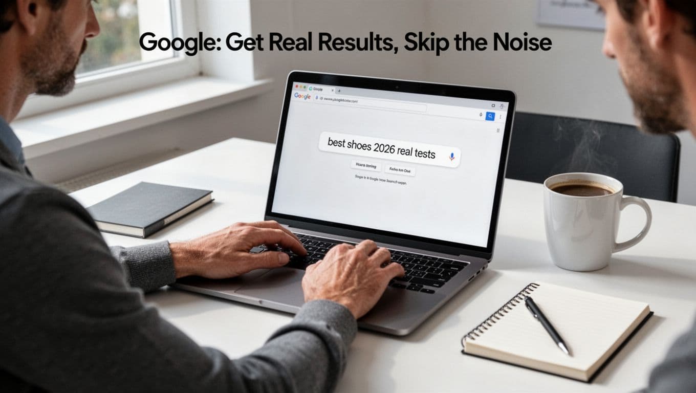 Focused adult at modern desk types specific intent search 'best shoes 2026 real tests' into Google on open laptop screen at slight angle, with natural window light, coffee mug, and notepad in clean workspace.