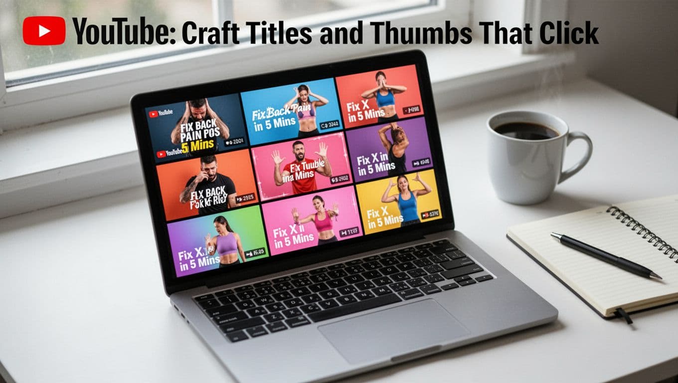 Photorealistic laptop screen at a slight angle displaying a grid of vibrant YouTube Shorts thumbnails with short titles like 'Fix Back Pain in 5 Mins' and colorful fitness before-after images, set in a clean workspace with coffee mug and notebook under natural window light.